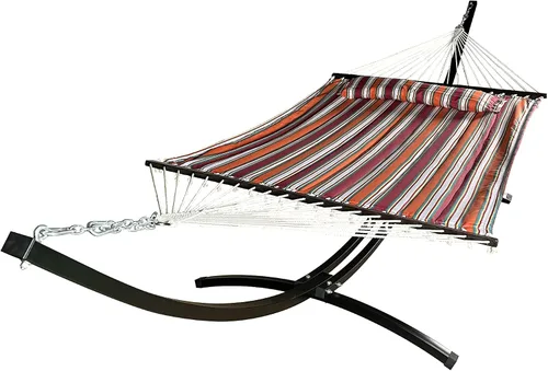 Vista 9 de Soporte de hamaca de arco de acero negro resistente para interiores y exteriores de 15 pies con hamaca acolchada de primera calidad (beige)