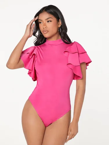 Vista 4 de SOLY HUX Women's Mock Neck Ruffle Butterfly Sleeve Skinny Bodysuit