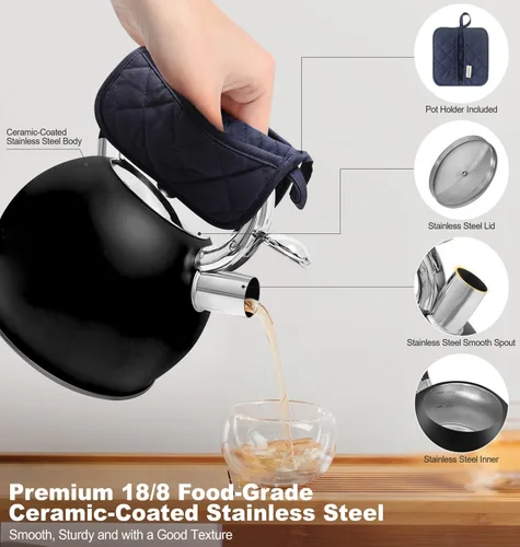 Vista 4 de Hervidor de té de acero inoxidable, tetera de té, tetera silbante vintage para estufa, duradera y resistente al óxido, con un soporte para olla