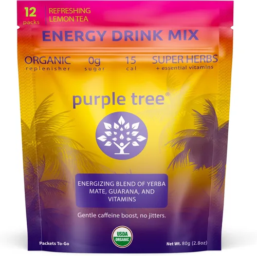 Vista 7 de purple tree Paquetes de energía orgánica – Cero azúcar, 80 mg de cafeína natural de yerba mate y guaraná, con vitaminas B12 para una energía suave