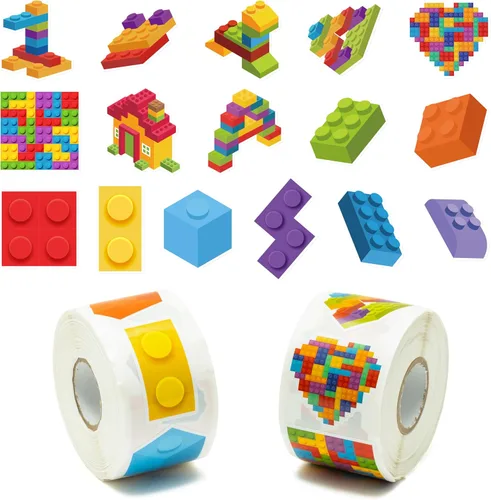 Vista 7 de 1000 calcomanías de bloque para niños, 2 rollos de papel de ladrillos surtidos autoadhesivas, calcomanías autoadhesivas para despegar y pegar