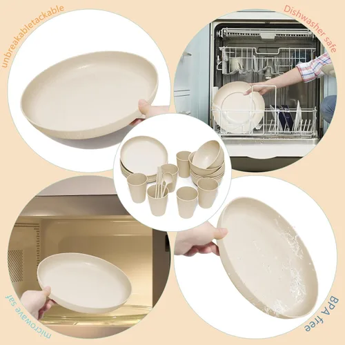 Vista 5 de Juego de vajilla de paja de trigo -DAPIPIK 42 piezas de vajilla irrompible para 6, juego de platos y cuencos para la cocina, juego de platos, tazas