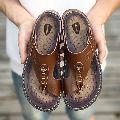 Vista 5 de Sandalias para hombre para interiores y exteriores, chanclas de playa, informales, de cuero, sin cordones, dos usos, pantuflas atléticas, suaves