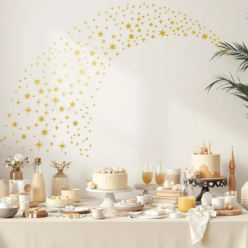 Vista 3 de Calcomanías de pared vintage con estrellas doradas, 5 hojas, 210 unidades, calcomanías con estrellas y puntos, calcomanías de arte de pared