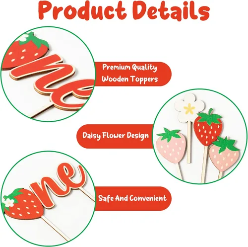 Vista 4 de Decoración para magdalenas de primer cumpleaños, 5 piezas de lindo pastel de margaritas fresas de madera, decoración de pastel para niños de un año