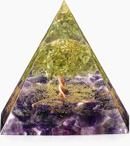 Vista 11 de Pirámide de orgón del árbol de la vida para energía positiva, peridoto de orgonita y cristal curativo de obsidiana para reducir el estrés