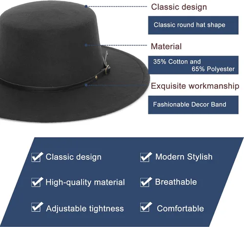 Vista 3 de EOZY Sombrero de fieltro clásico para mujeres y hombres, sombrero de fieltro de ala ancha, parte superior plana, sombrero de jazz Panamá, sombrero