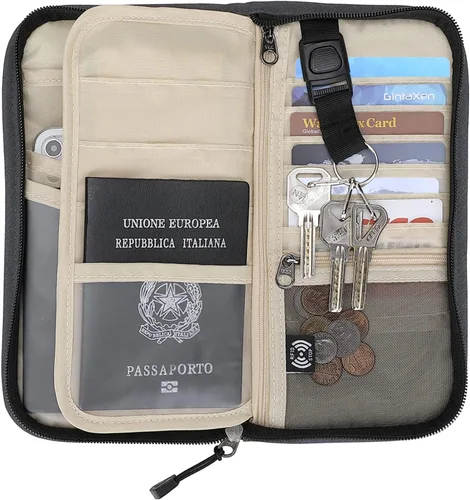 Vista 2 de Cartera de pasaporte familiar ZOPPEN RFID, porta pasaporte para mujeres/hombres, cartera de viaje con organizador de documentos y cierre, con correa