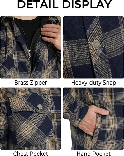 Vista 7 de WenVen chaqueta a cuadros de franela para hombre con capucha extraíble, acolchada