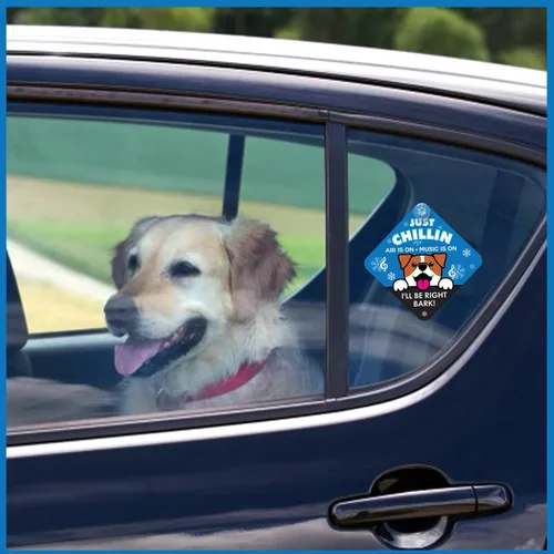 Vista 6 de Just Chillin - Letrero de seguridad para mascotas para ventana de automóvil, alerta de reproducción de música AC On para dueños de perros
