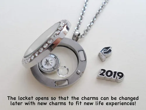 Vista 7 de Custom Graduate Circle Floating Charm Locket Necklace with Engraved Disc Charm, Stainless Steel Locket, Graduation 2025, or Beyond, Good Luck on the