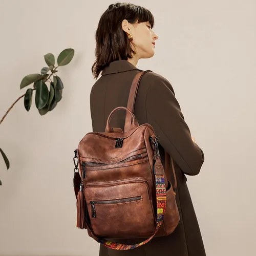 Vista 2 de Mochila de cuero Shrrie para mujer, bolso de diseñador de moda para mujer, mochila de viaje convertible, bolso de hombro con muñequera, Mochilas