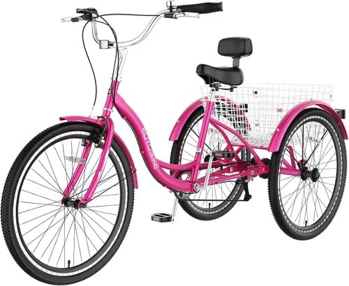 Vista 14 de Slsy Triciclo para adultos de 7 velocidades, 20/24/26 pulgadas, bicicleta de 3 ruedas para adultos con cesta de compras grande, capacidad de 350