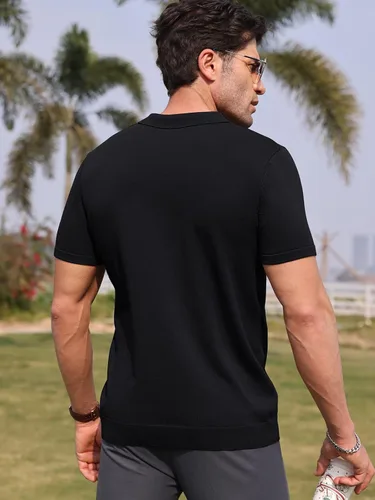 Vista 4 de RQP Camisas polo con cremallera para hombre, camisas casuales de punto de manga corta/larga, camisas de golf elásticas ajustadas, suéter suave