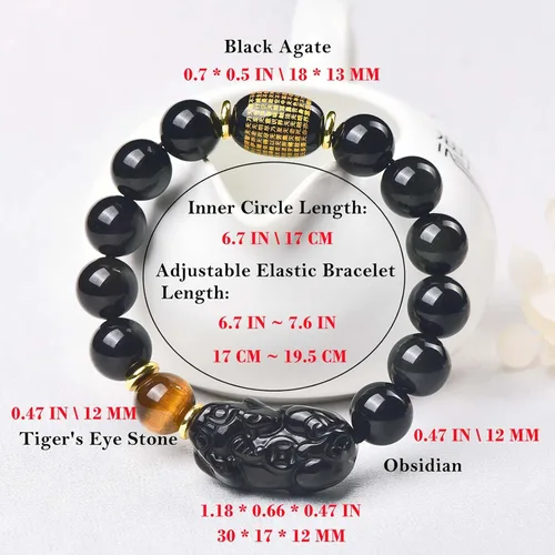 Vista 16 de Pulsera de obsidiana negra, pulsera de obsidiana negra Feng Shui para mujeres y hombres, pulsera elástica de obsidiana con piedra de ojo de tigre