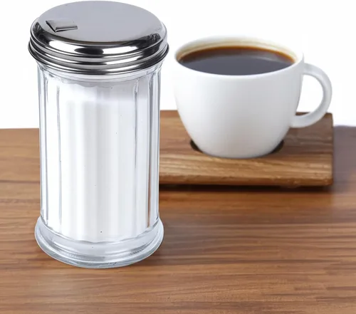 Vista 5 de BNYD Dispensador Vertedor de Azúcar de Vidrio, 5.5 pulgadas Clear glass shaker bottle with steel pour spout. Multi-purpose tabletop dispenser for