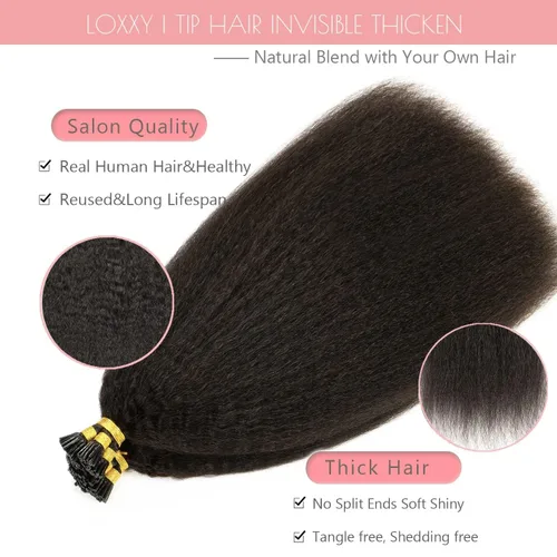 Vista 3 de Loxxy Extensiones de cabello humano rizado con punta I Tip, extensiones de cabello humano rizado negro natural, extensiones de cabello preunido