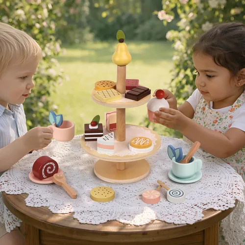 Vista 3 de Juego de Fiesta de Té con Soporte para Postres - Juguetes de Madera de Comida de Juego de Simulación y Accesorios de Cocina para Juego de Té