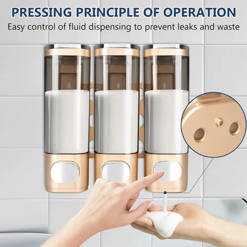 Vista 3 de Dispensador de champú y acondicionador 3 en 1 para montaje en pared, dispensador de champú de 3 cámaras, gran capacidad, sin perforar, dispensador