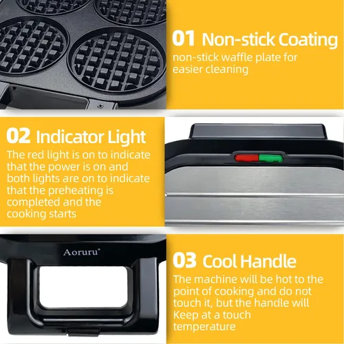 Vista 4 de Waffle Maker - Plancha para gofres belga antiadherente con luz indicadora de 1300 W, 4 rebanadas