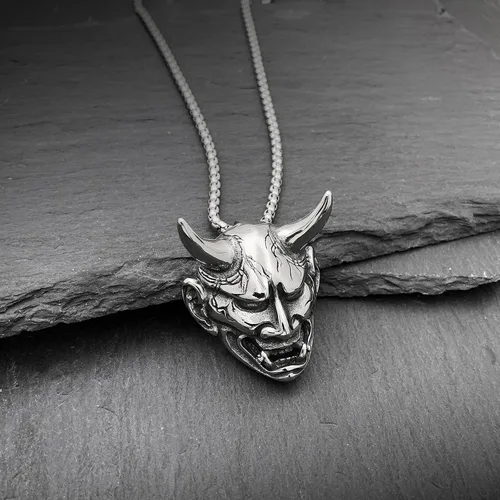 Vista 8 de Oni Mask Hannya Prajna - Collar de acero inoxidable con máscara de diablo japonés, collar de samurái de buena suerte