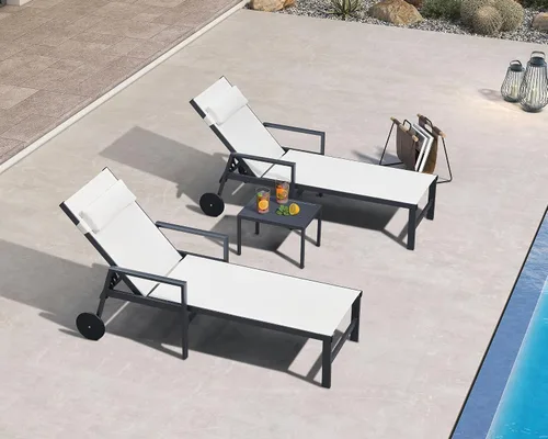 Vista 18 de PURPLE LEAF Juego de sillas de lounge al aire libre de gran tamaño de 3 piezas para patio, tumbona para piscina, estructura de aluminio con mesa