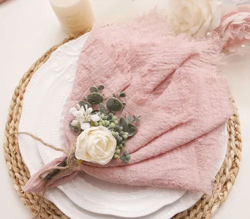 Vista 12 de Servilletas de tela con juego de 6 servilletas de gasa con flecos, 100% algodón natural suave, servilletas lavables, ideales para bodas