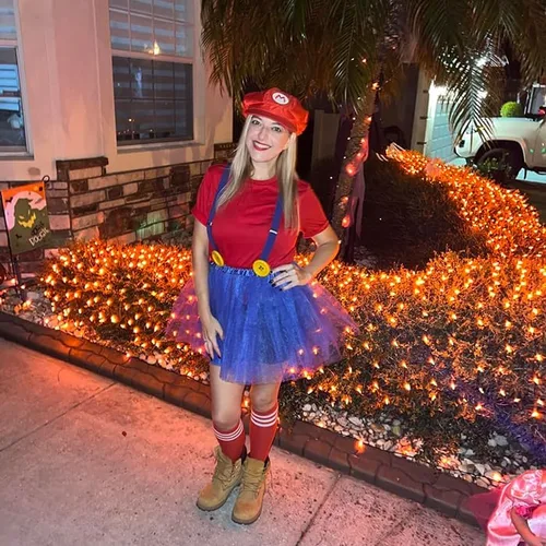 Vista 5 de Disfraz de Mary y Luigi para adultos, niños, sombreros rojos y verdes de Super Bros, bigote, guantes, calcetines, vestido azul, accesorios