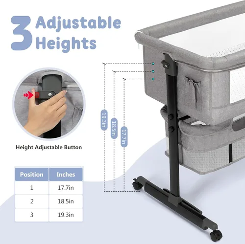 Vista 2 de Semphis Cuna para bebé, cuna 3 en 1, cama de noche de altura ajustable con modo mecedor, malla transpirable, cesta de almacenamiento, ruedas, fácil