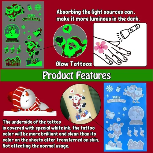 Vista 4 de Partywind Tatuajes temporales de Navidad que brillan en 160 estilos para rellenar calcetines infantiles, suministros de decoración de fiesta