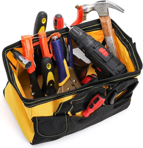 Vista 6 de Paquete de 3 bolsas de herramientas, bolsa de herramientas de boca ancha con base impermeable, bolsa de almacenamiento de herramientas resistente