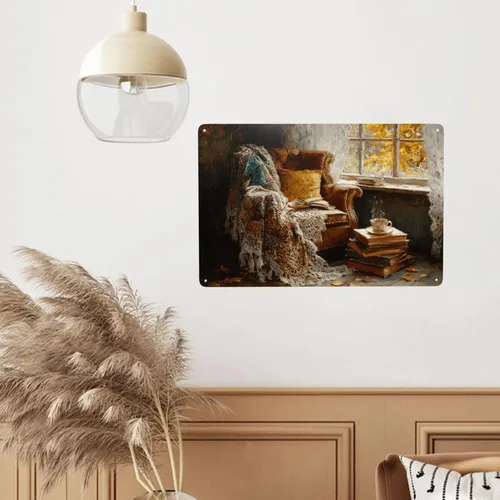Vista 6 de Metal Tin Sign Cozy Autumn Reading Nook Plaque, 6x8 Inch Retro Oil Painting Art Wall Decor Metal Poster, Perfect For Creating Warm Reading