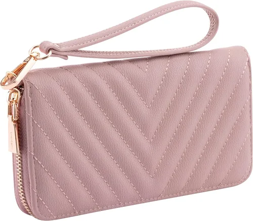 Vista 18 de Brentano Cartera delgada de cuero vegano con cremallera única bordada Chevron con correa extraíble para la muñeca Beige almendra