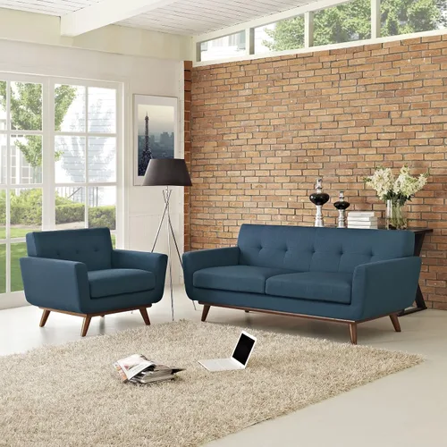 Vista 7 de Modway Engage - Sillón de una pieza tapizado con tela y sofá de dos piezas de estilo de mediados de siglo, Tela, Celeste