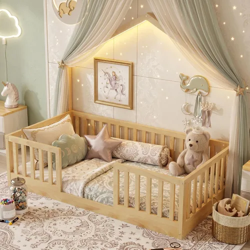 Vista 14 de Cama Montessori Full con rieles altos y luz LED, color blanco