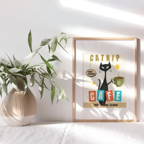 Vista 9 de Arte moderno de gato de mediados de siglo, arte de pared de cocina, decoración de comedor, bonito arte de pared de gato y decoración, decoración