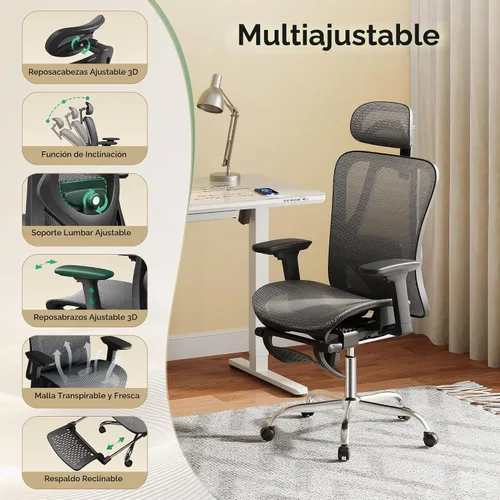 Vista 4 de DEVAISE Silla de escritorio ergonómica de malla para oficina, reposapiés retráctil y soporte lumbar ajustable, cómoda silla reclinable