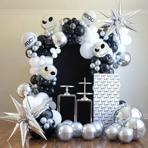 Vista 5 de Kit de arco de globos de Halloween, globos de esqueleto blanco y negro para decoración de Halloween, guirnalda de globos con estrella de explosión