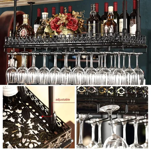 Vista 3 de Estante de vino de techo con soporte para vidrio, estante colgante de metal vintage, altura ajustable, bar y almacenamiento para el hogar 120 × 13.8
