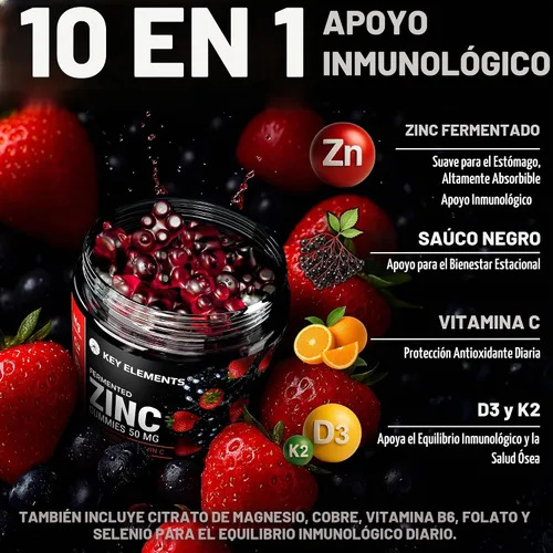 Vista 2 de KEY ELEMENTS - Gomitas de zinc de apoyo inmunológico de 50 mg con vitamina Rich Berry Taste - Suplementos de zinc antioxidantes naturales con cobre