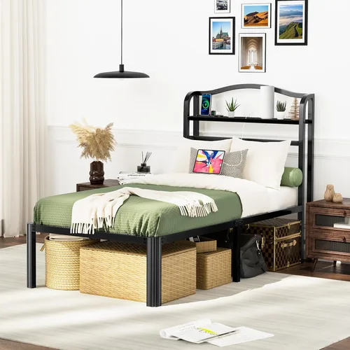 Vista 10 de Base de cama Individual XL con cabecera, base de colchón de metal, armazón de cama de 18 pulgadas de alto, no necesita somier, base de cama de 46 cm
