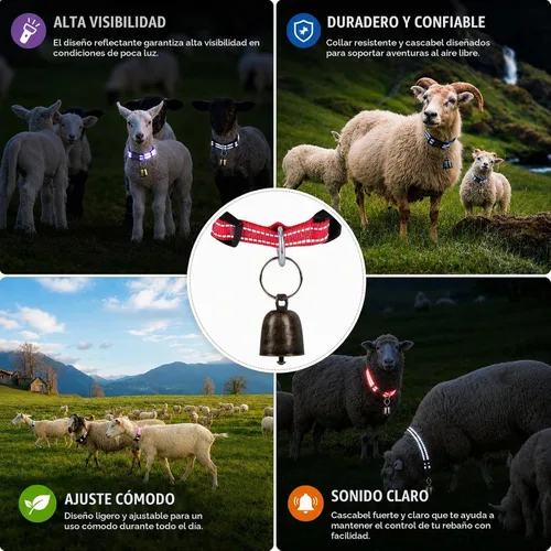 Vista 5 de Paquete de 5 collares reflectantes de cabra con campanas, collar negro+rojo+rosa+azul profundo+púrpura