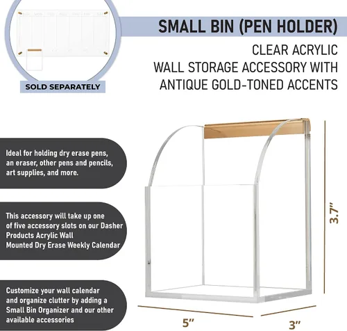 Vista 2 de Portalápices acrílico para calendario de pared transparente, organizador de 3.7 x 3 x 5 pulgadas con herrajes dorados para bolígrafos, lápices