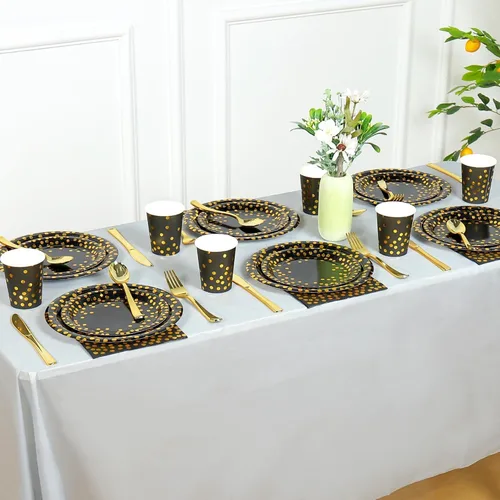 Vista 6 de 175 piezas de suministros de fiesta negros y dorados, lunares dorados en platos de papel negro, servilletas y vasos, cubiertos de plástico dorado