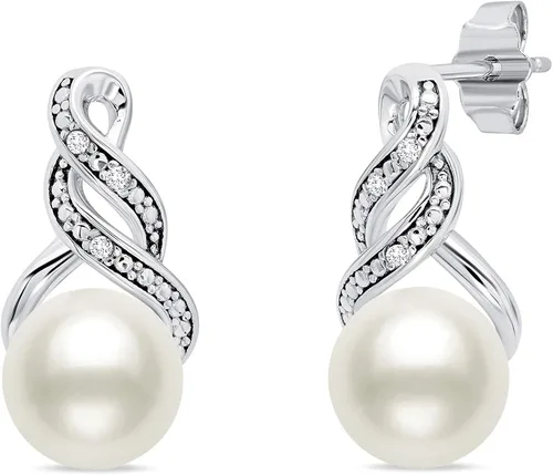 Vista 4 de MAX + STONE Juego de joyas de perlas de plata de ley con diamantes Pendientes y collar de perlas de agua dulce para mujer Juego de collar y aretes