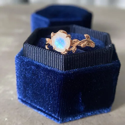 Vista 4 de ASANA - Anillo de compromiso único de piedra lunar para mujer, oro rosa de 14 quilates sobre plata de ley, anillo de compromiso único, banda