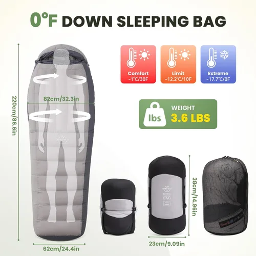 Vista 3 de Mummy Down Sleeping Bag for Adults; 0℉ 15℉ 650 Fill Power Sleeping Bag for Hiking Camping and Backpacking;4 Season;Lightweight Gris