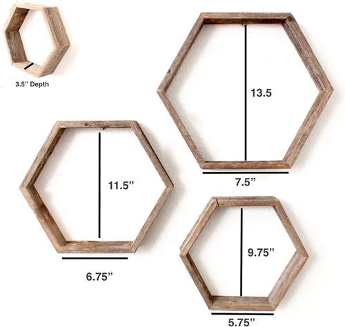 Vista 3 de BarnwoodUSA - Estantería de madera para colgar 100 % madera reciclada Juego de estantes flotantes hexagonales: hechos para el uso diario. Fácil