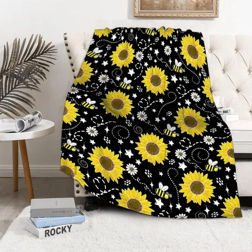 Vista 2 de Manta de girasol de abeja, regalo para los amantes de las niñas, manta de franela súper suave para sofá cama, cama acogedora de felpa, decoración