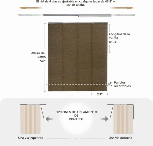 Vista 4 de GoDear Design Cordless Panel Blinds Brown 45.8"-86" x 96", Almond